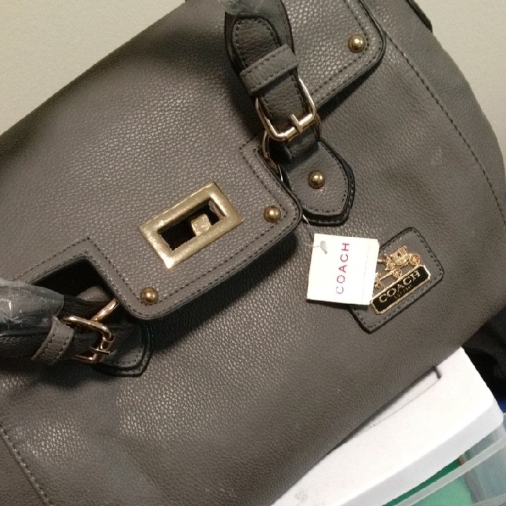 Coach Gray Leather Shoulder Bag with Gold Accents